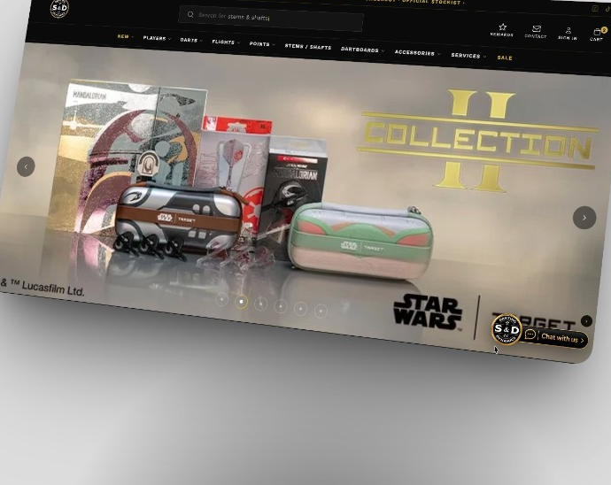 S&D Darting Dynamics Shopify store homepage