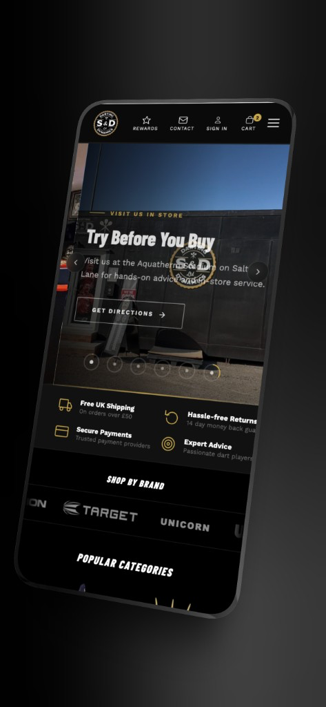 S&D Darting Dynamics mobile homepage